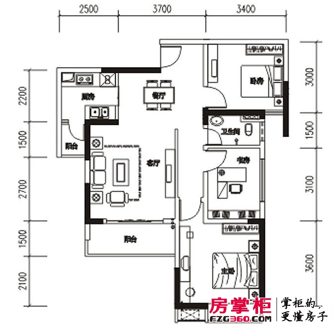 汉军龙江帝景A3-2户型3室1厅1卫1厨