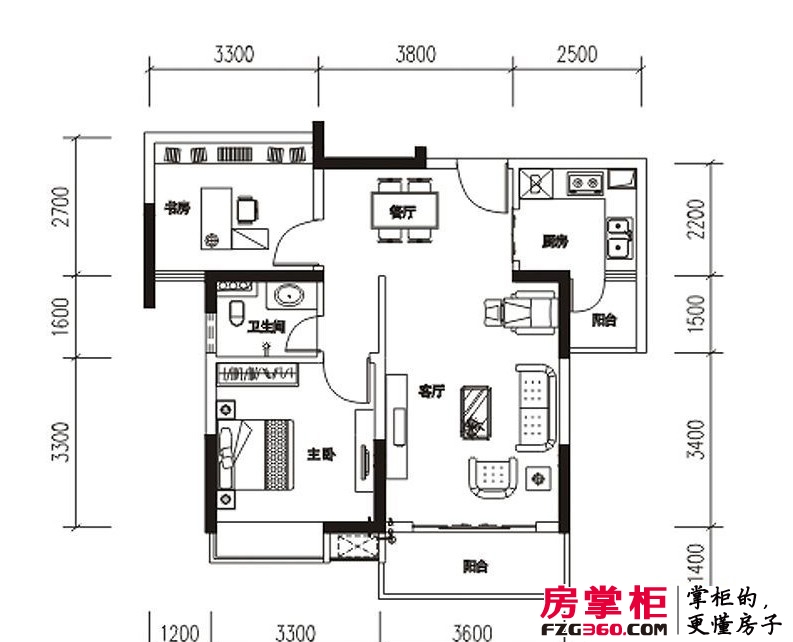 汉军龙江帝景A3-3户型2室2厅1卫1厨