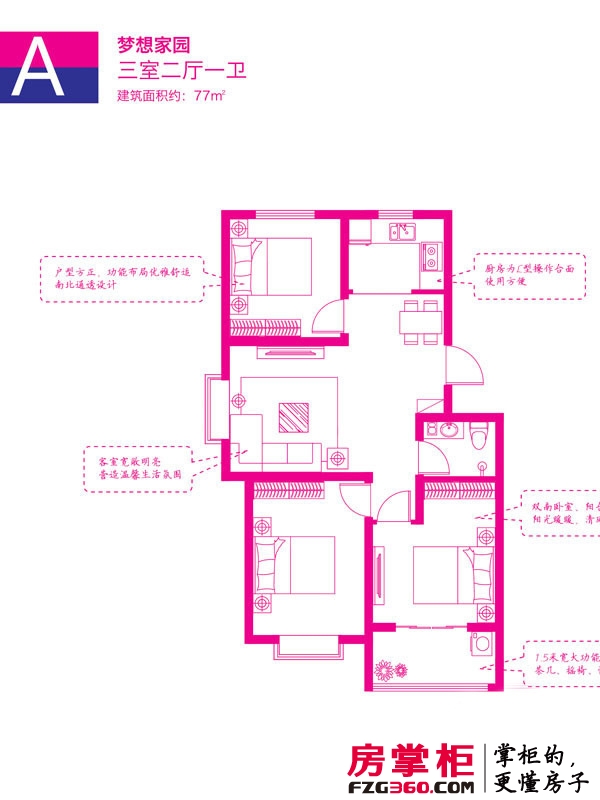 YOHO美寓户型图A户型 3室2厅1卫1厨