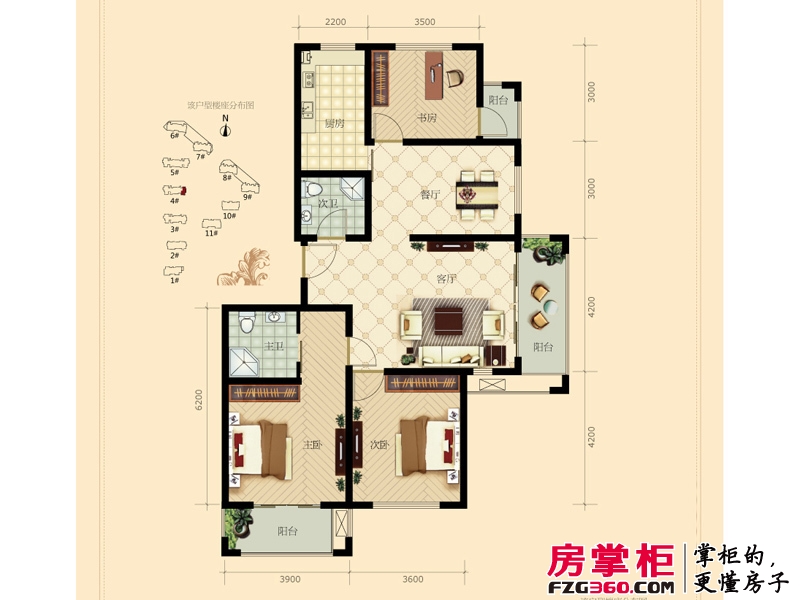 美寓天城户型图4号楼标准层f户型 3室2厅1卫1厨