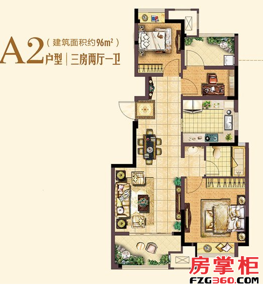 A2户型96㎡三房两厅一卫