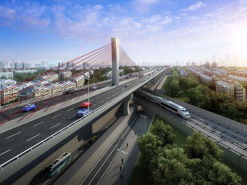 和平路高架西延工程之跨石太铁路斜拉桥效果图