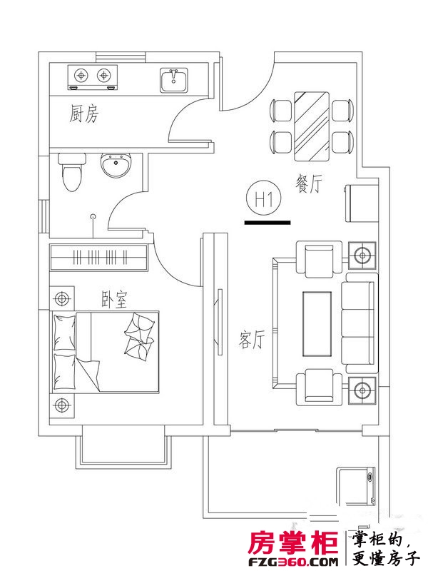 龙溪雅居户型图2#H1户型 1室2厅1卫1厨