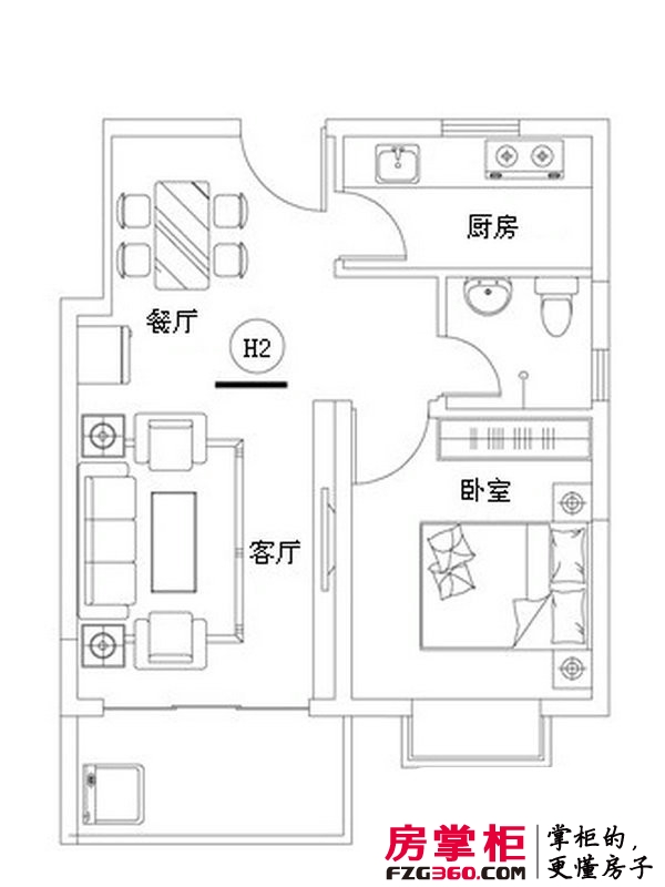 龙溪雅居户型图2#H2户型 1室2厅1卫1厨