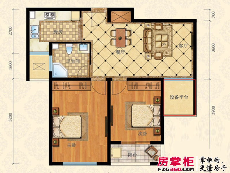 滨江阳光海岸88㎡二室二厅一卫户型 2室2厅1卫