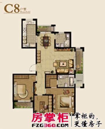 宏盛锦江玫瑰园C8户型 3室2厅2卫1厨