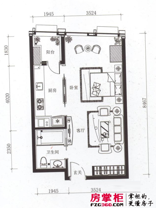夏宫城市广场户型图A4户型 1室1厅1卫1厨