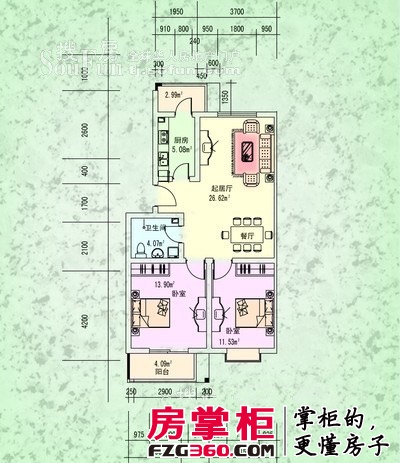 世纪庄园户型图1期多层标准层B户型 2室2厅1卫