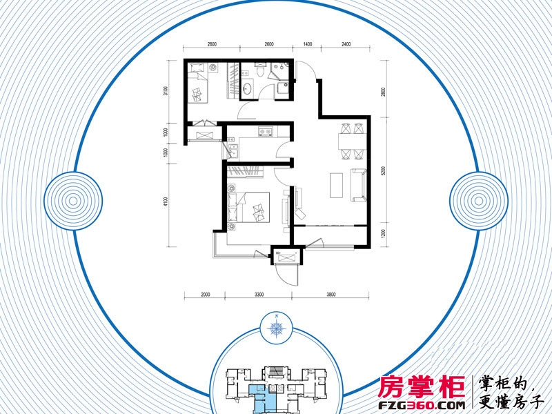 京能海与城户型图高层标准层全阳两室户型 2室1厅1卫1厨