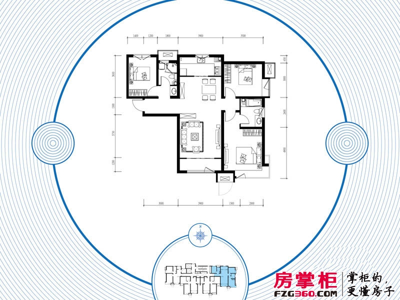 京能海与城户型图高层标准层通透三室户型 3室1厅2卫1厨