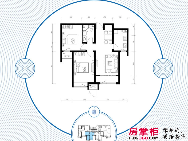 京能海与城户型图高层标准层全阳两室户型 2室1厅1卫1厨