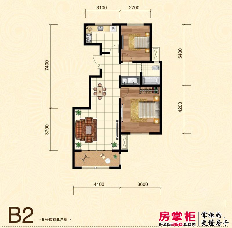 金御中央户型图一期5号楼标准层B2户型 2室2厅1卫1厨