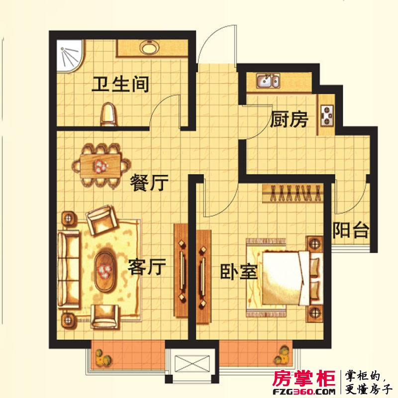 理想城户型图一期1号楼标准层A户型 1室2厅1卫1厨