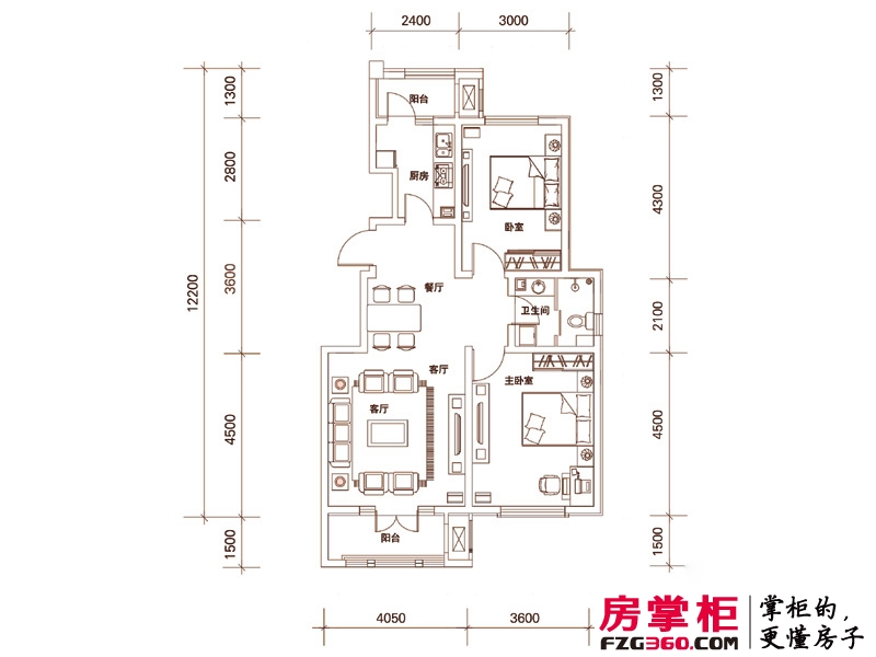 龙泽馨园户型图一期洋房产品10号楼标准层D2户型 2室2厅1卫1厨