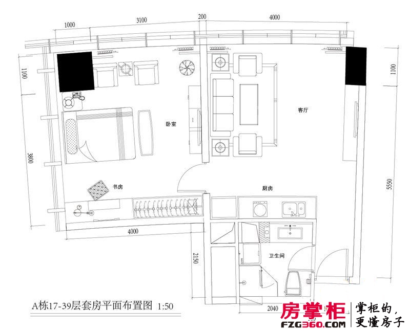 深圳湾户型图A栋17-39层公寓套房D户型图 1室2厅1卫1厨