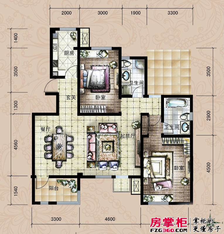 世嘉户型图洋房37、38号楼五层G户型 2室2厅2卫1厨