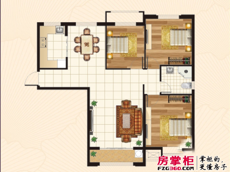 禹洲尊府户型图一期高层标准层C3户型 3室2厅1卫1厨