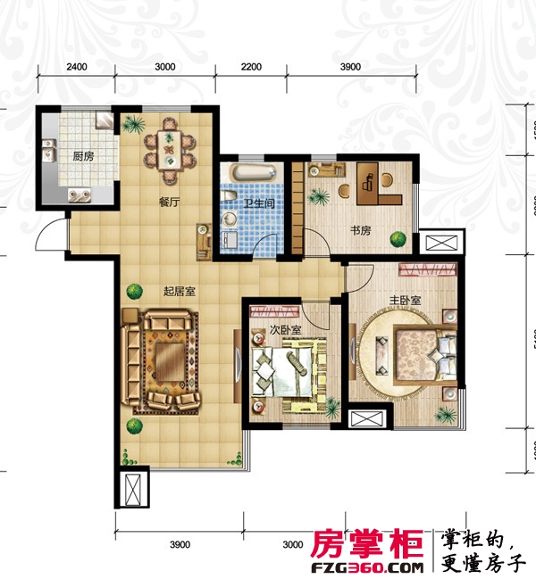 松江运河城户型图39-44号楼高层标准层B3户型 3室2厅1卫1厨