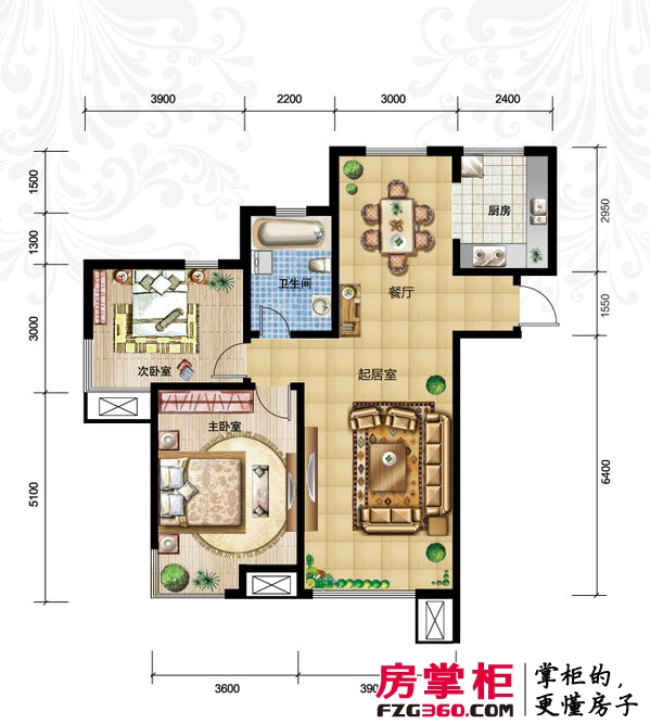 松江运河城户型图39-44号楼高层标准层B1户型 2室2厅1卫1厨
