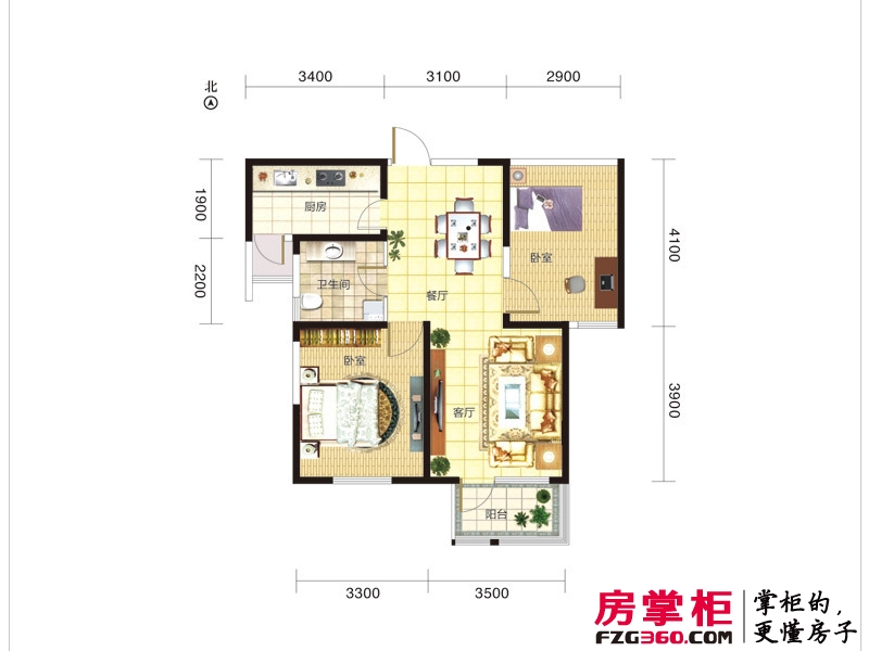 紫竹华庭户型图二期3、4、5号楼标准层B1户型图90㎡ 2室2厅1卫