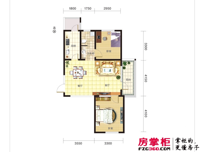 紫竹华庭户型图二期3、4、5号楼标准层A1户型图95㎡ 2室2厅1卫1厨