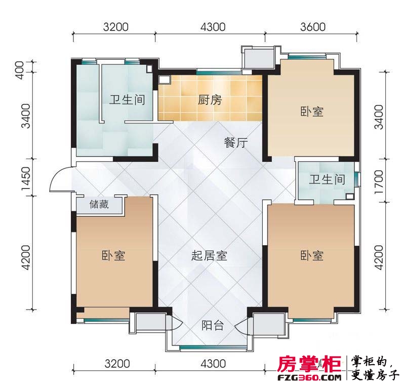 大地12城户型图六期2号楼标准层三室户型 3室2厅2卫1厨