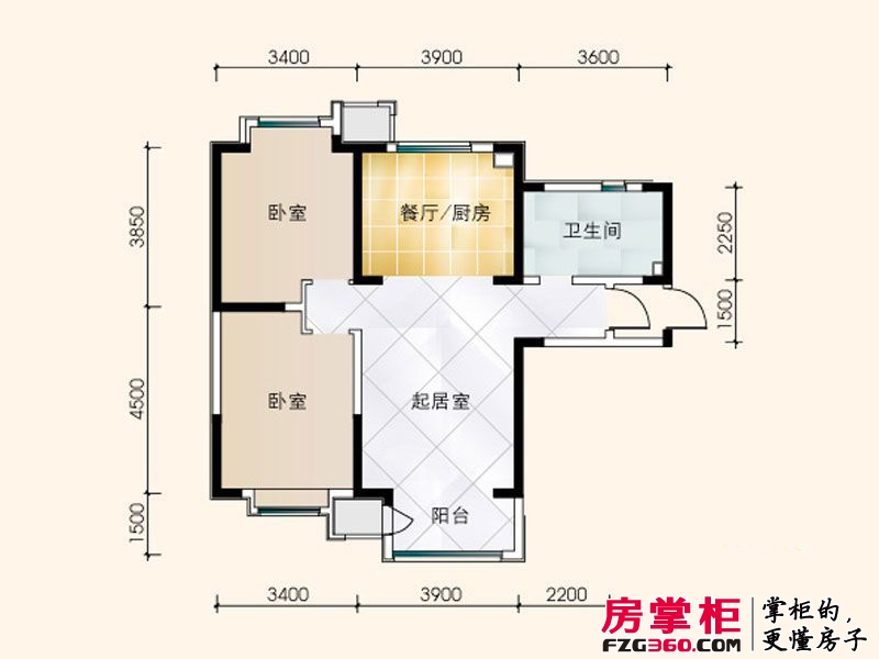 大地12城户型图六期高层标准层两室户型图  2室2厅1卫1厨