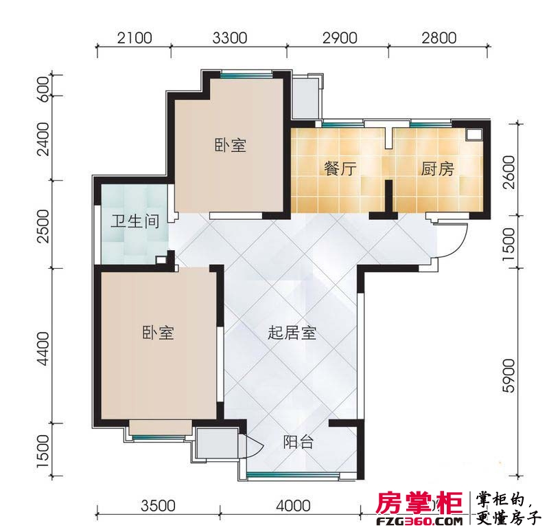 大地12城户型图六期2号楼标准层两室户型 2室2厅1卫1厨