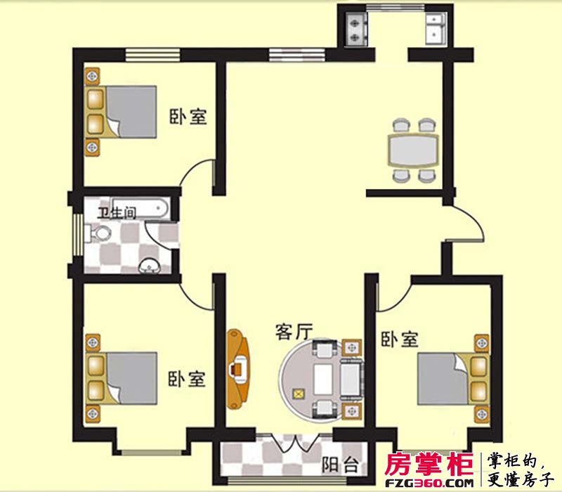 天津星河花园户型图二期高层标准层C户型 3室2厅1卫1厨