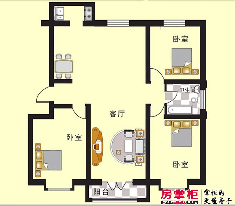 天津星河花园户型图一期1#楼标准层B户型 3室2厅1卫1厨