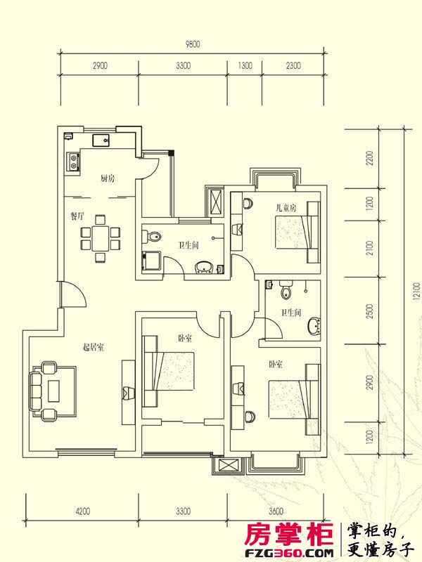 水墨兰庭户型图一期洋房4#楼5#楼标准层B3户型 3室2厅2卫1厨
