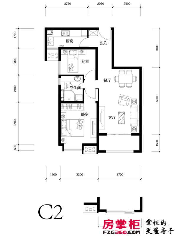 奥克斯盛世年华户型图二期7号楼标准层c2户型 2室1厅1卫1厨