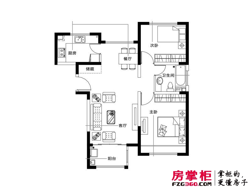 海上国际城户型图高层标准层A1-1户型 2室2厅1卫1厨