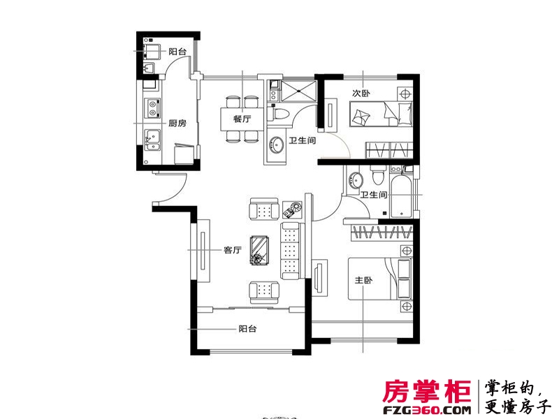 海上国际城户型图高层标准层D-1户型 2室2厅2卫1厨