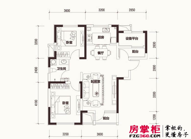 联发第五街一期高层3号楼标准层01户型2室2厅1卫1厨