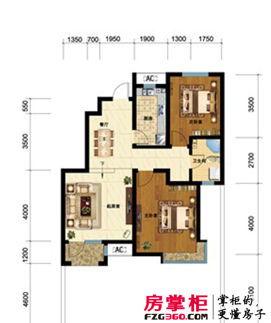 天地源欧築1898一期洋房产品标准层A1户型2室2厅1卫1厨 96.44㎡