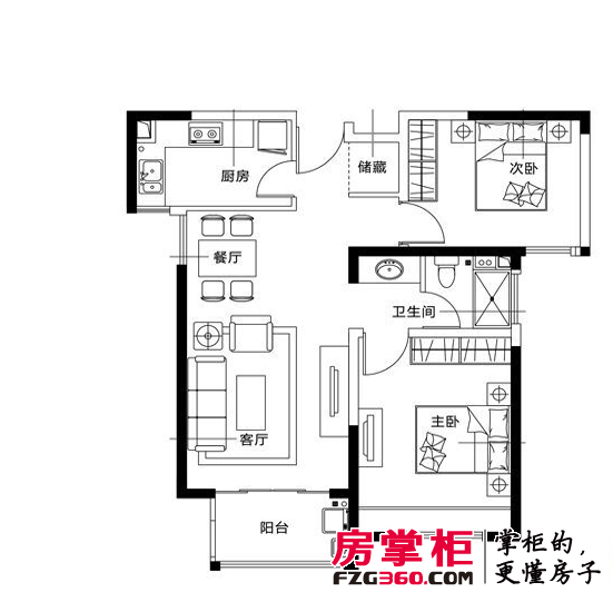 海上国际城高层标准层A2-2户型2室2厅1卫1厨 93.72㎡