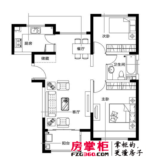 海上国际城高层标准层A1-1户型2室2厅1卫1厨 95.29㎡