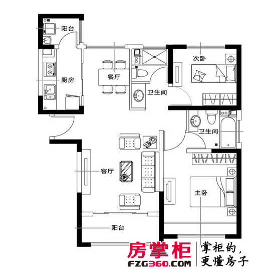 海上国际城高层标准层D-1户型2室2厅2卫1厨 97.93㎡