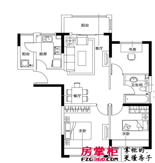 海上国际城高层标准层C1-1户型3室2厅1卫1厨 98.87㎡