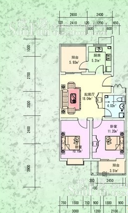 世纪庄园1期多层标准层A户型2室1厅1卫 78.00㎡