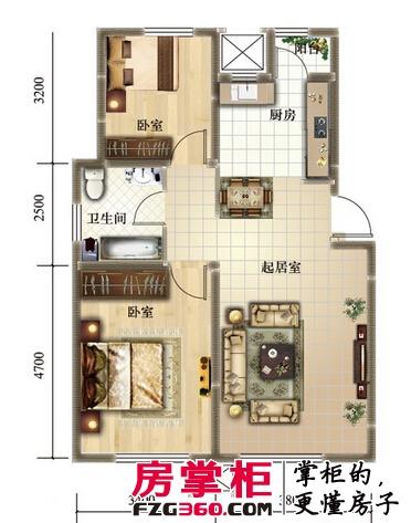 青果青城高层标准层两室户型2室2厅1卫1厨