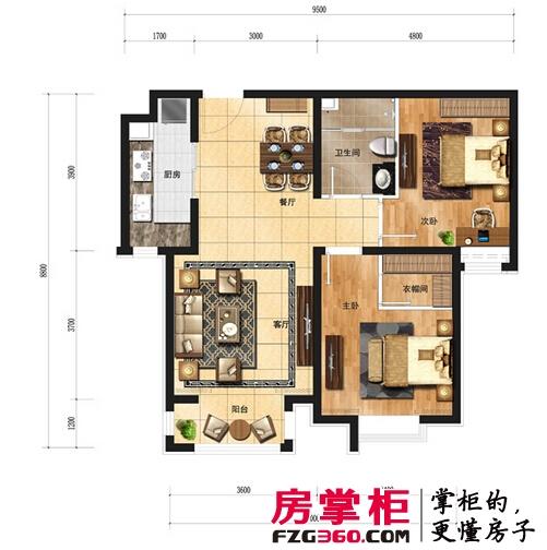 嘉誉新城高层标准层两室户型2室2厅1卫1厨