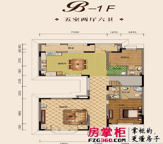 松江水岸唐宁别墅11-14、20号楼B户型1层户型图5室2厅6卫1厨