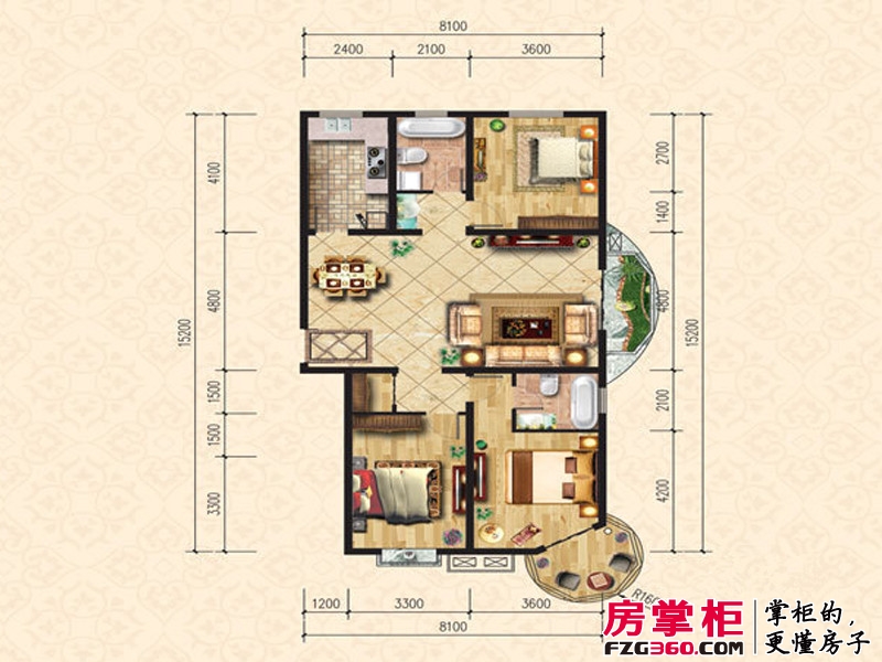 小马花园户型图E户型 3室2厅2卫1厨