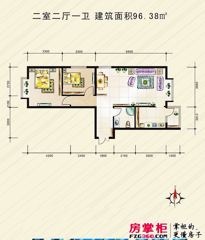 青城国际公寓户型图1期1#F户型 2室2厅1卫1厨