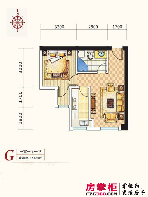 金东中环城户型图4#（中环红）G户型 1室1厅1卫1厨