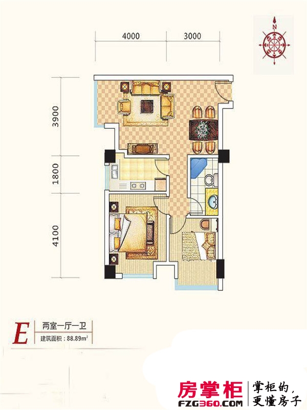 金东中环城户型图4#（中环红）E户型 2室1厅1卫1厨