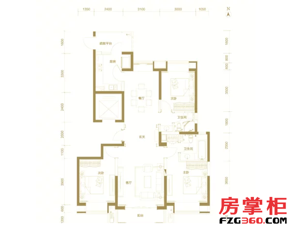 C户型 3室2厅2卫1厨 141.58平米