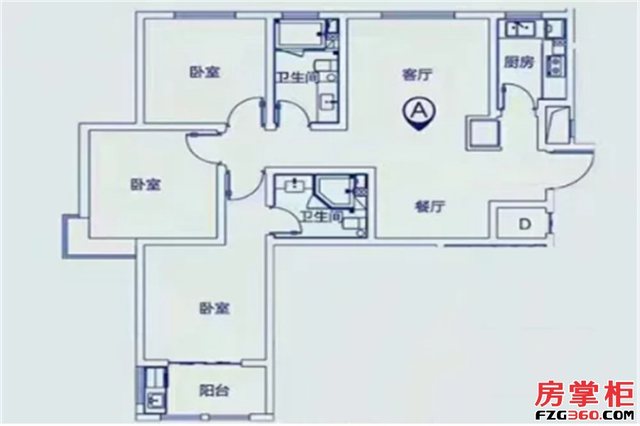 D户型 3室2厅2卫1厨 121.00平米